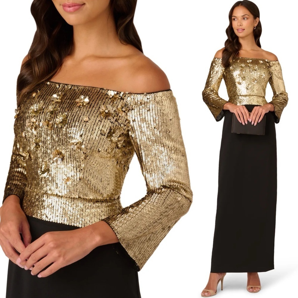 ADRIANNA PAPELL OFF THE SHOULDER GOLD BLACK BEAD SEQUIN EMBELLISHED CREPE DRESS